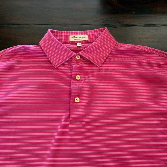Peter Millar Men's Medium Summer Comfort Pink Stripe Polo Golf Shirt Pre-Owned - Picture 2 of 6